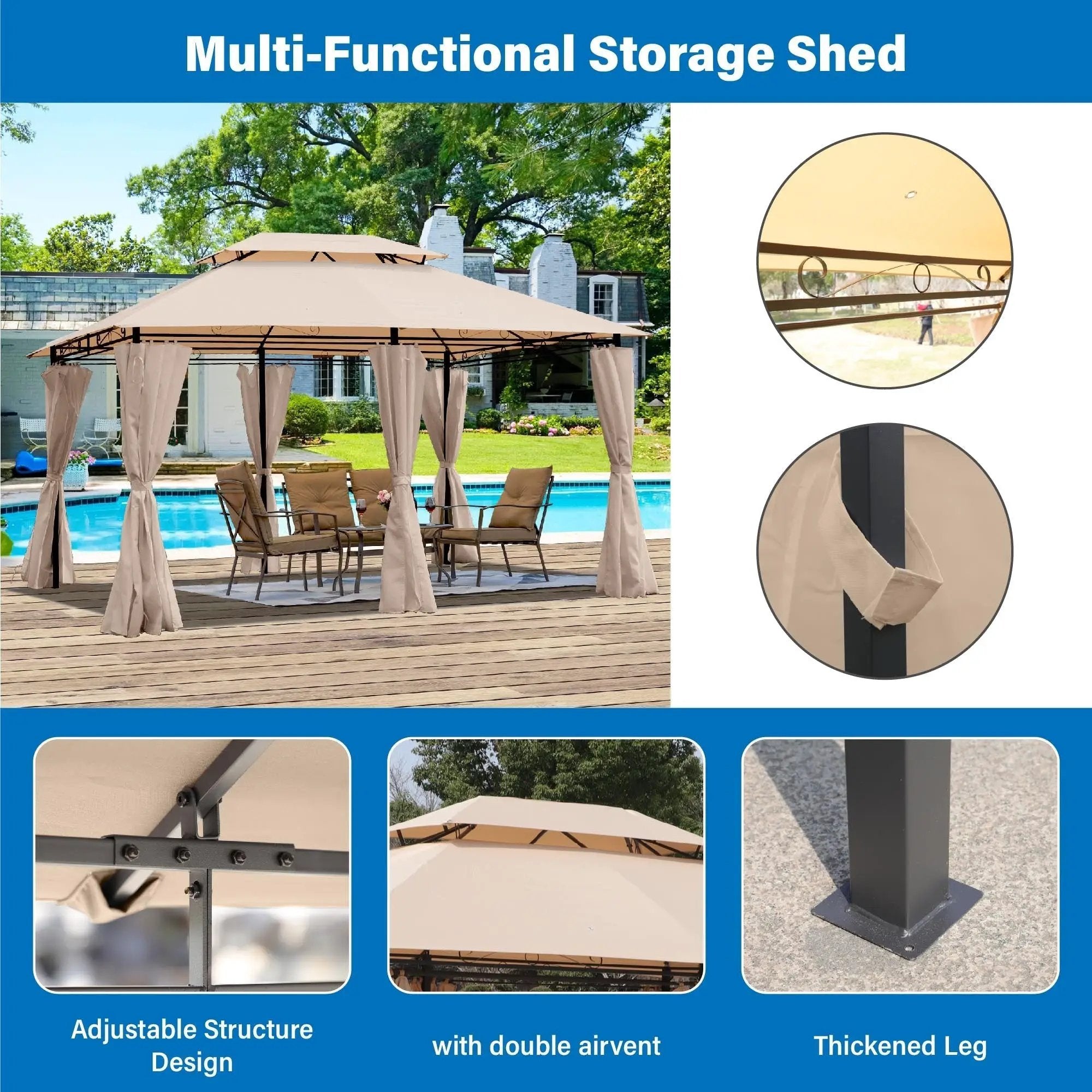 Khaki Outdoor Patio Gazebo Canopy Tent with Ventilated Double Roof by HouseOfZazla