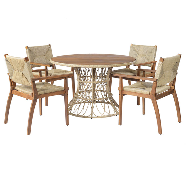5-Piece Outdoor Dining Set: Teak Finish Round Acacia Wood Table & 4 Wicker Armchairs