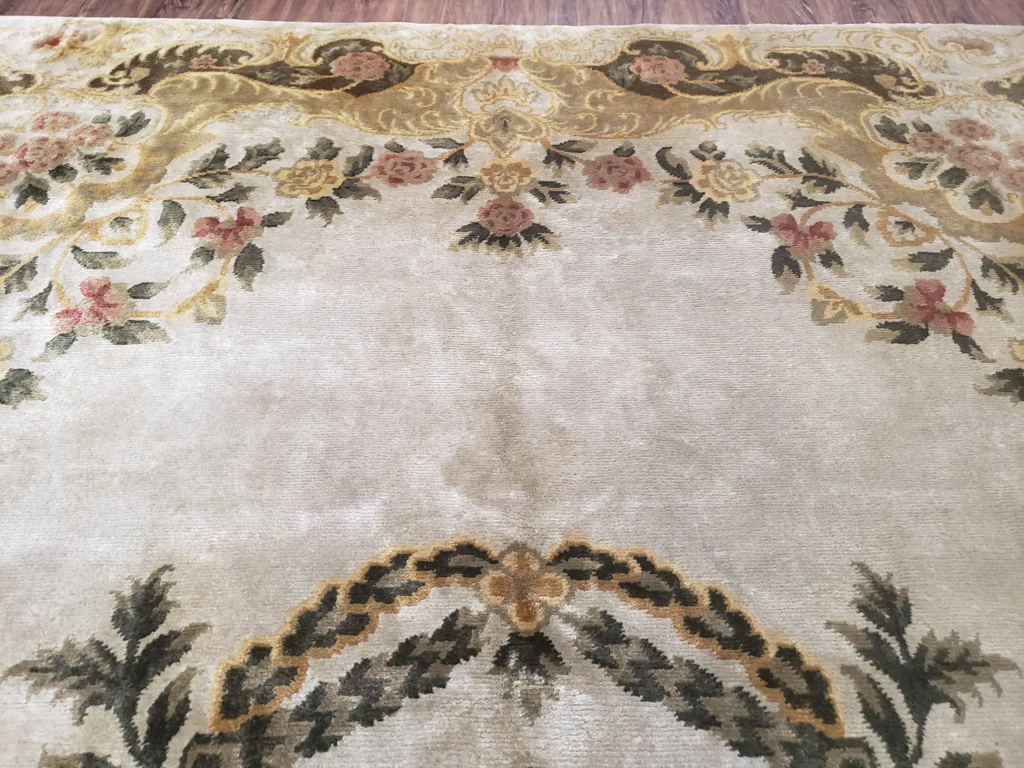 Aubusson Rug 10x14, Elegant French European Design, Vintage Handmade Carpet with Pile, Beige Floral Dining Room Rug, Living Room, Soft Wool by Jewel Rugs