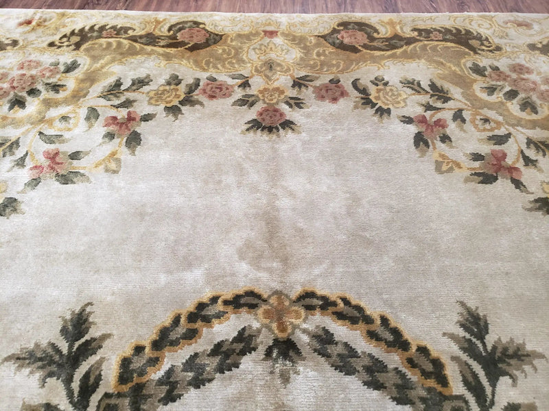 Aubusson Rug 10x14, Elegant French European Design, Vintage Handmade Carpet with Pile, Beige Floral Dining Room Rug, Living Room, Soft Wool by Jewel Rugs
