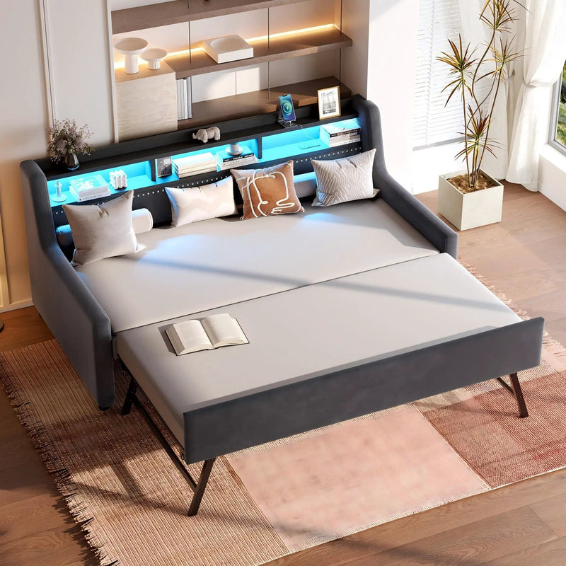 Twin Size Daybed With Trundle With LED Light ＆ Charging Station - Dark Gray by Unique Piece Furniture