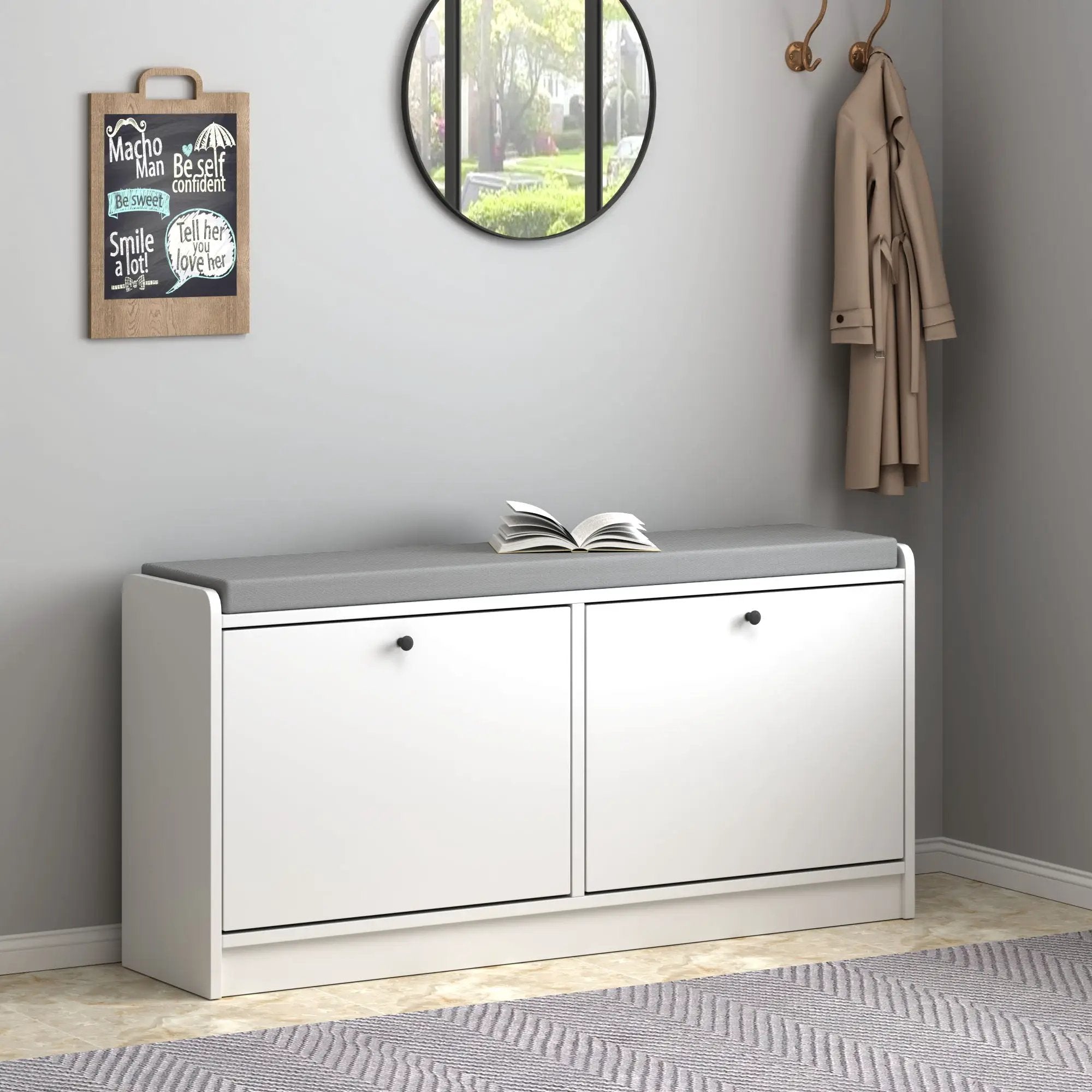 Shoe Storage Bench With Cushion, Entryway Organizer Cabinet For Hallway - White