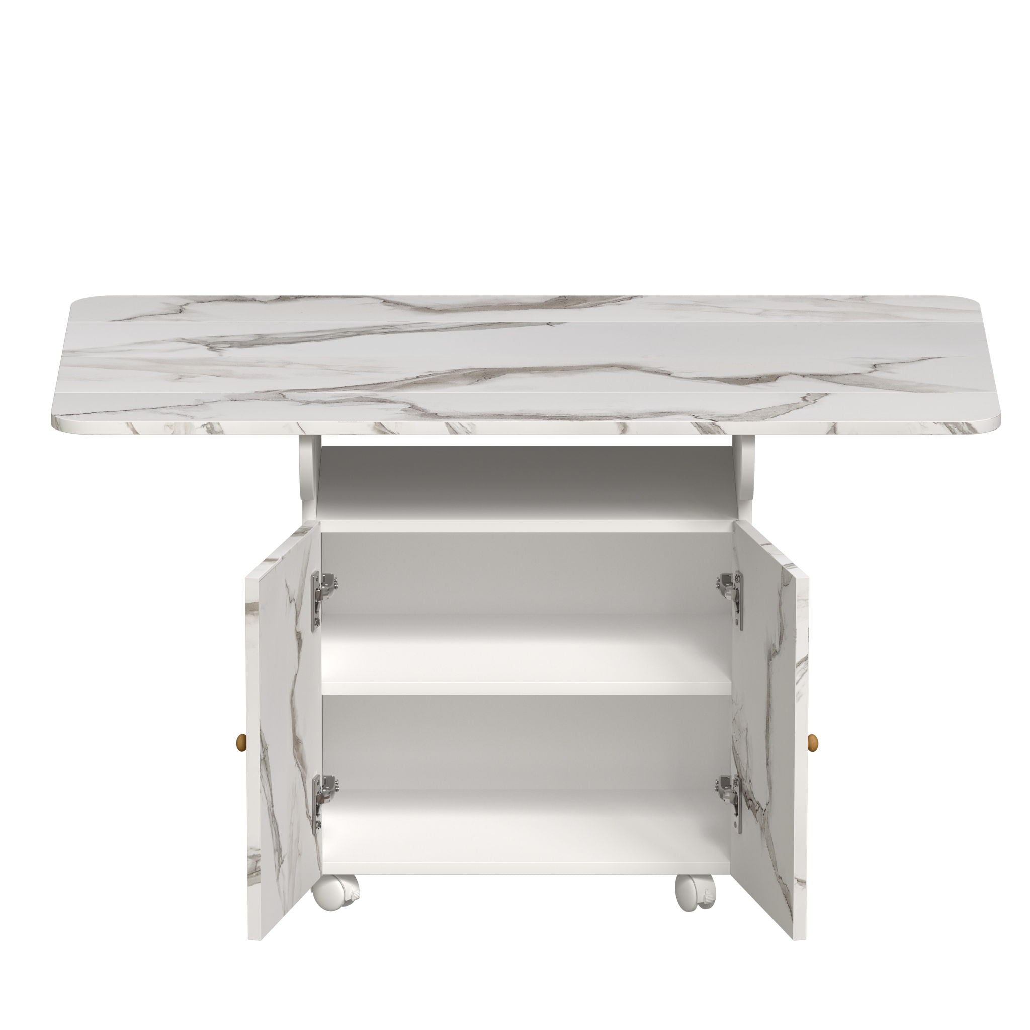 Versatile Marble Folding Dining Table With Storage Rack And Cabinet, 6 Wheels - White by HouseOfZazla