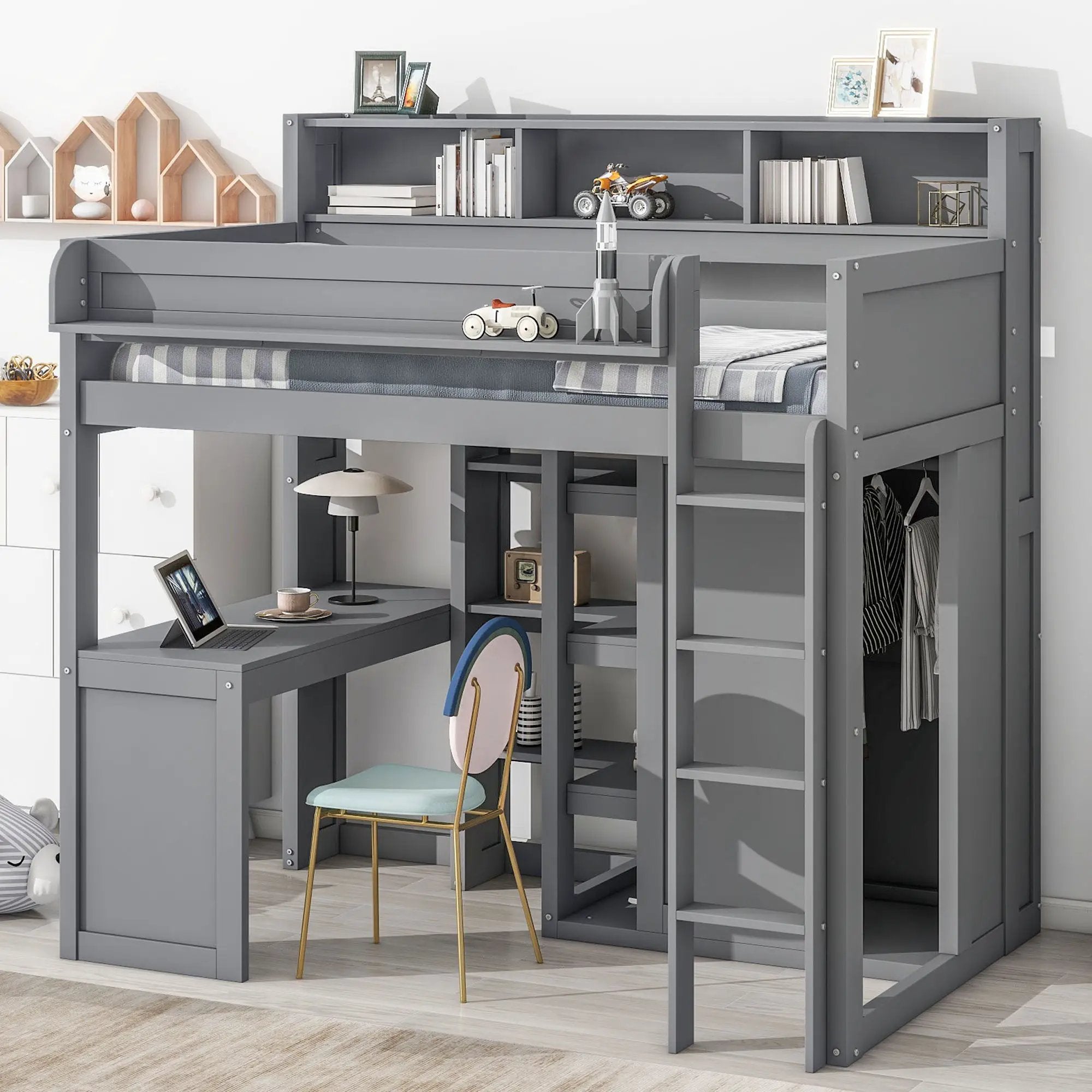 Loft Bed With Built In Desk, Storage Shelves, And Wardrobe by Unique Piece Furniture