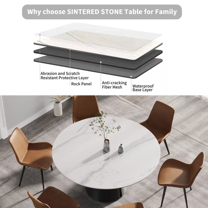 59.05" Modern Artificial Stone Round Carbon Steel Base Dining Table - White / Black by Unique Piece Furniture