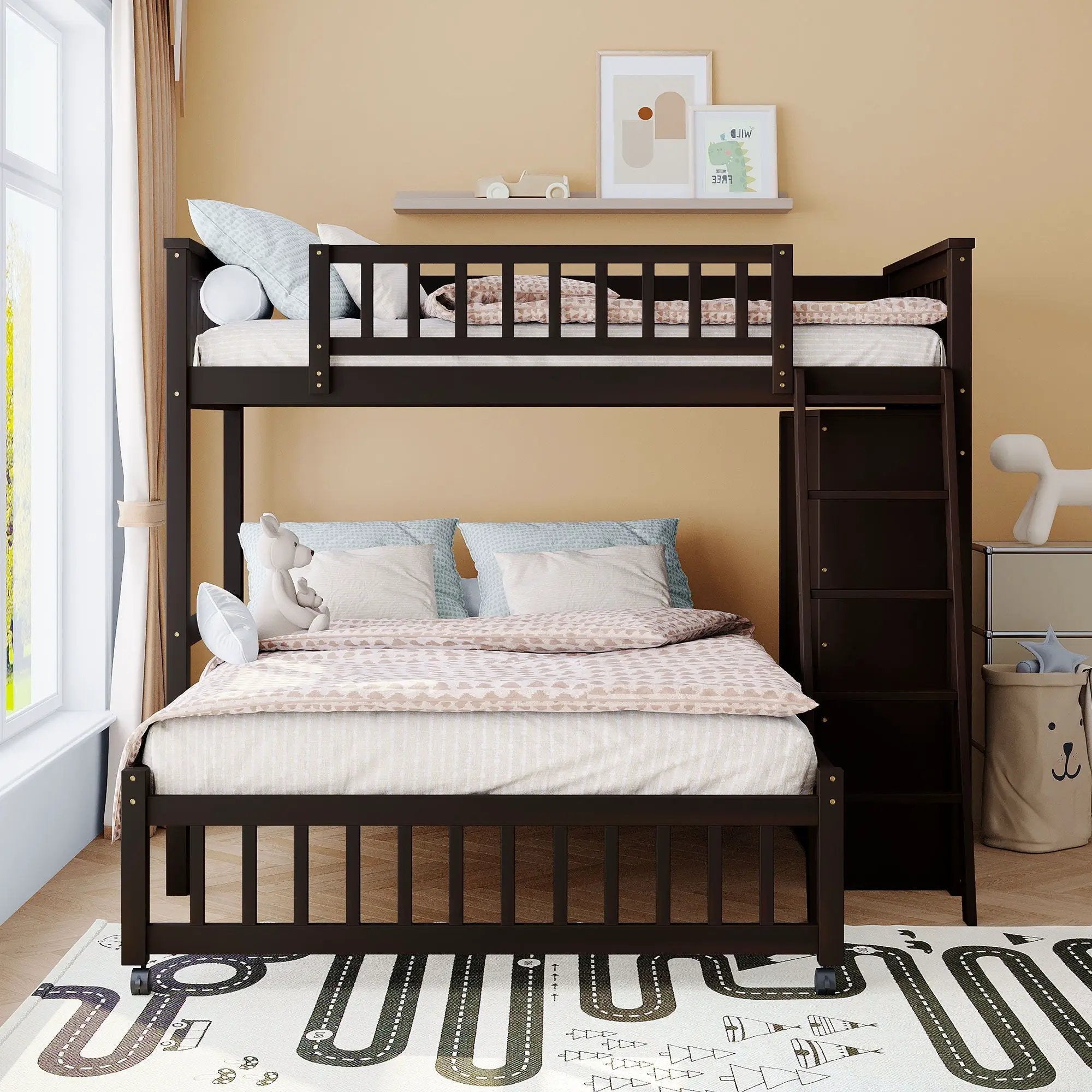 Bunk Bed With 6 Drawers And Flexible Shelves, Bottom Bed With Wheels by HouseOfZazla