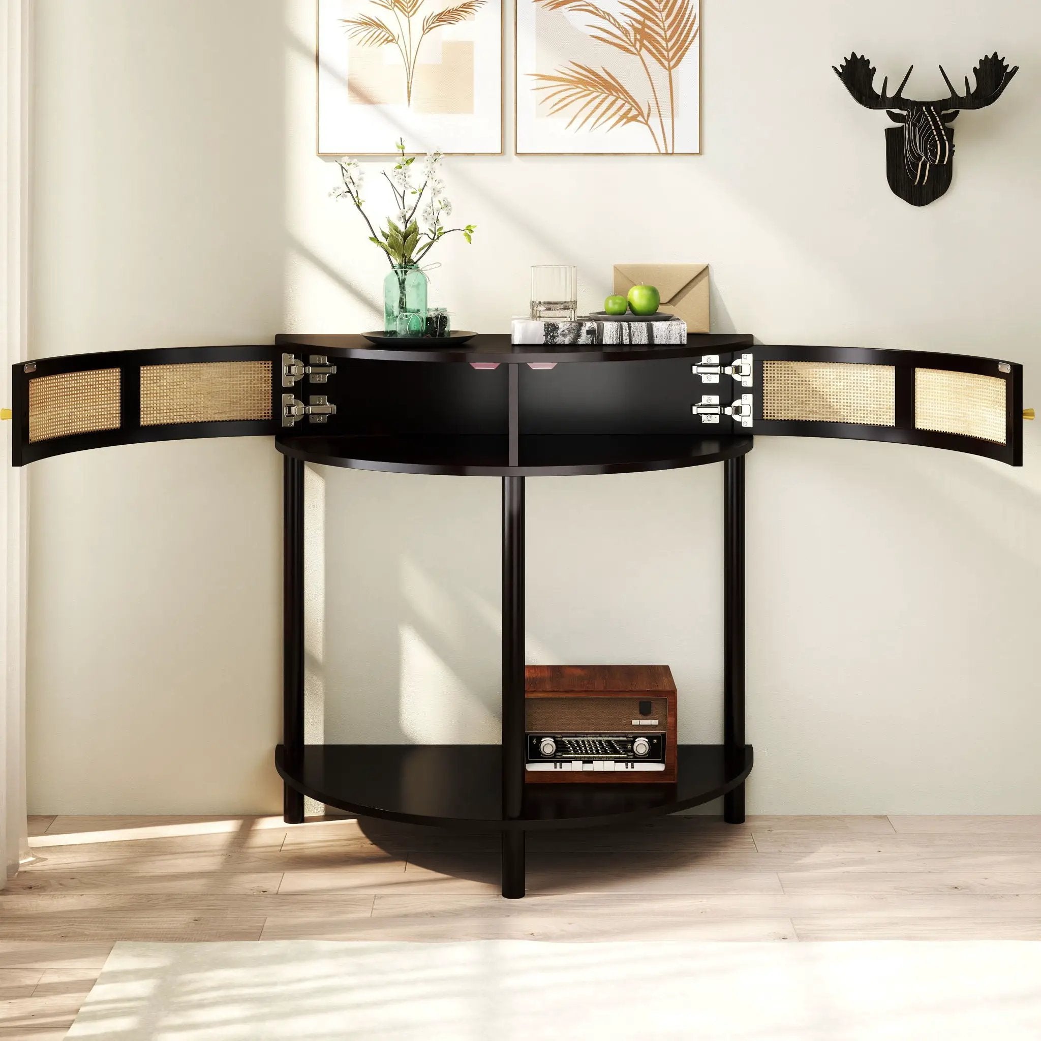 Boho Rattan Semi Circle End Table With Sliding Rattan Door, Storage And Bottom Shelf by Unique Piece Furniture