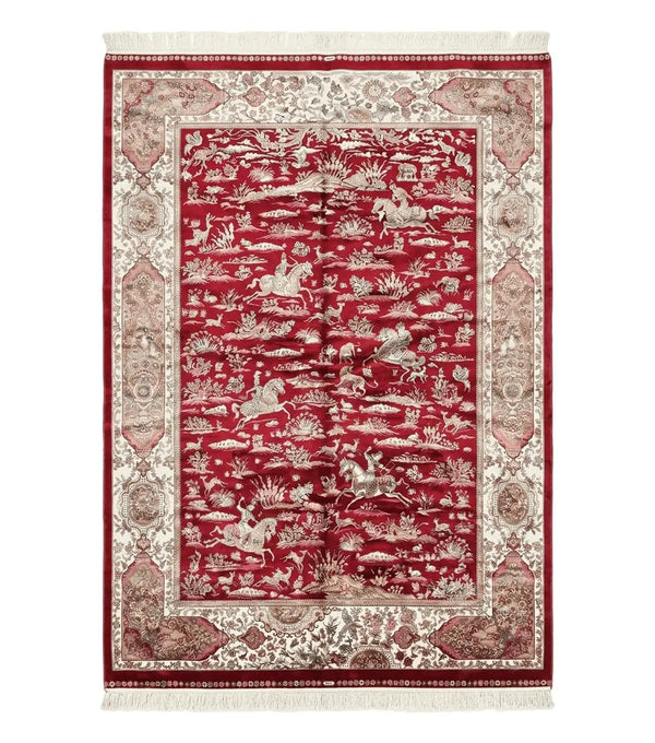 Turkish Silk Hunting Scene Rug 5 x 7.6, Red & Ivory, Bamboo Silk, New