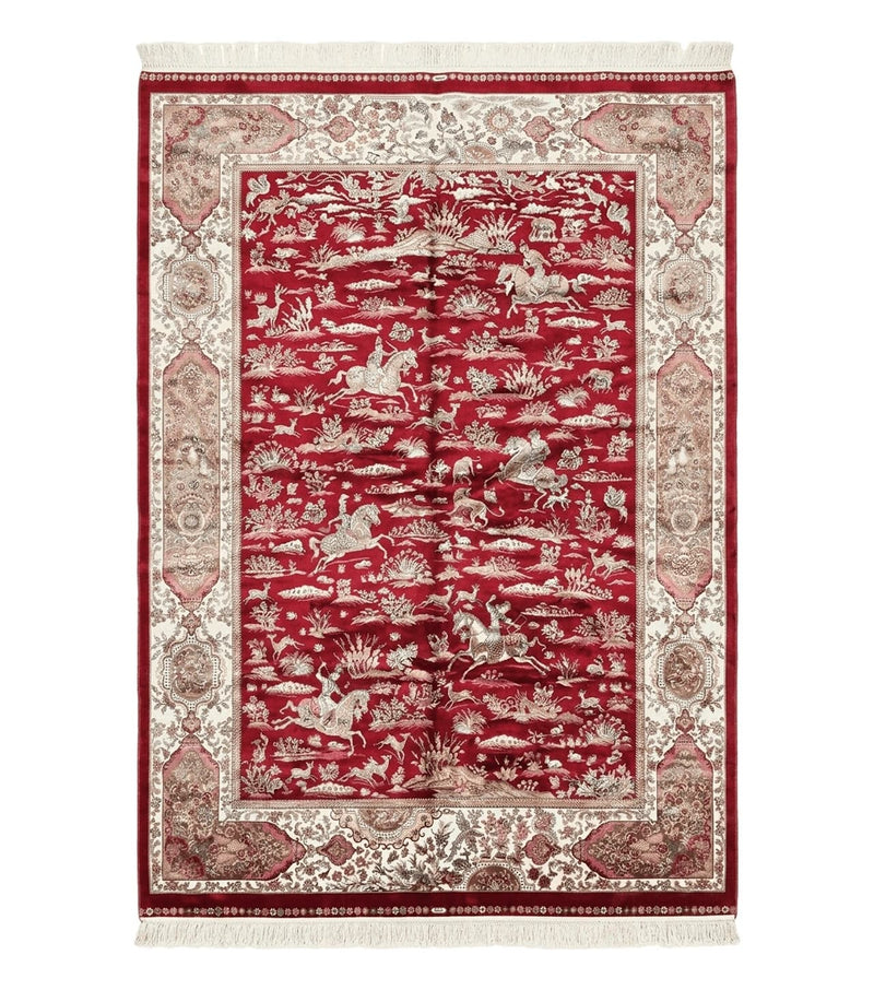 Turkish Silk Hunting Scene Rug 5 x 7.6, Red & Ivory, Bamboo Silk, New by Jewel Rugs