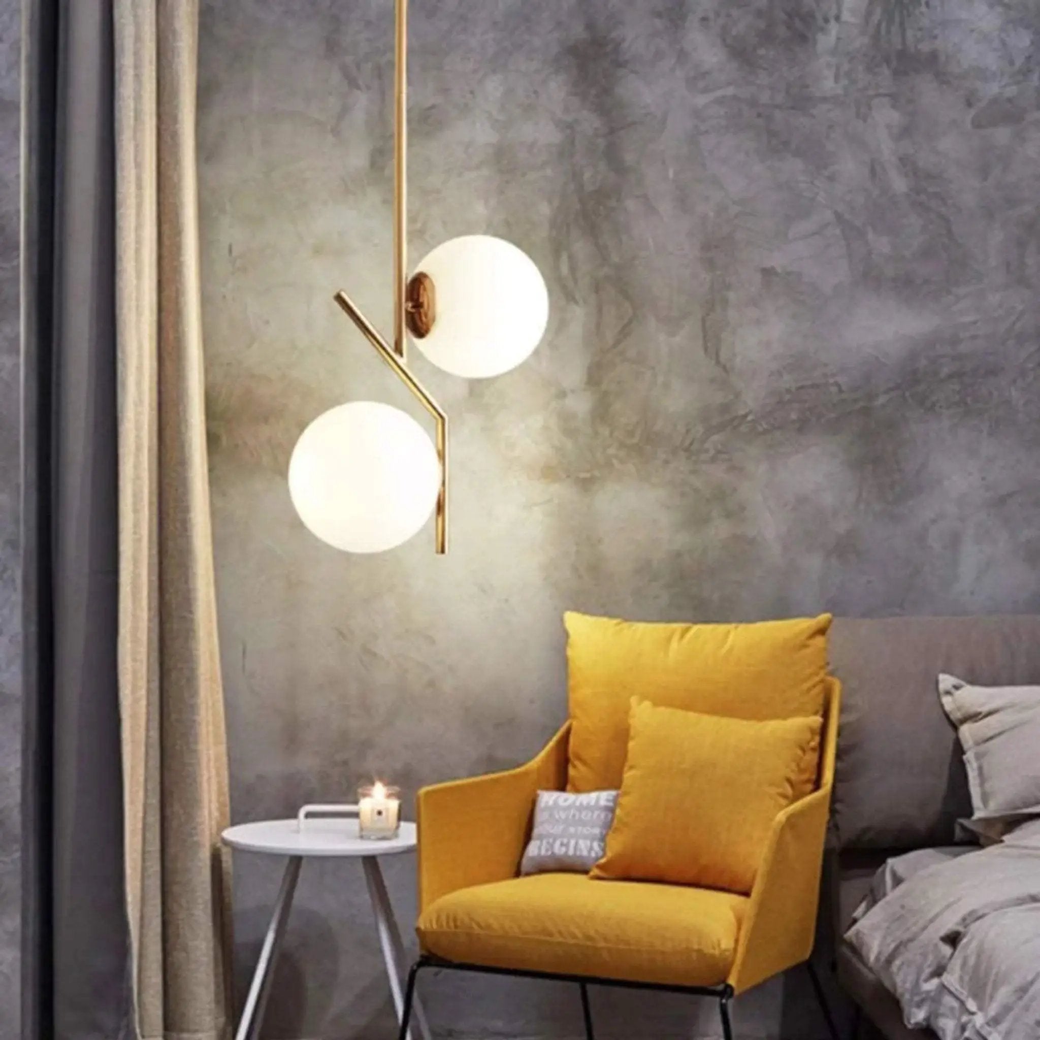 BOKT Mid Century Modern Kitchen Pendant Light 2-Lights Chandeliers Lighting Fixture, Golden with White Frosted Glass Globe Lampshade by Selzalot