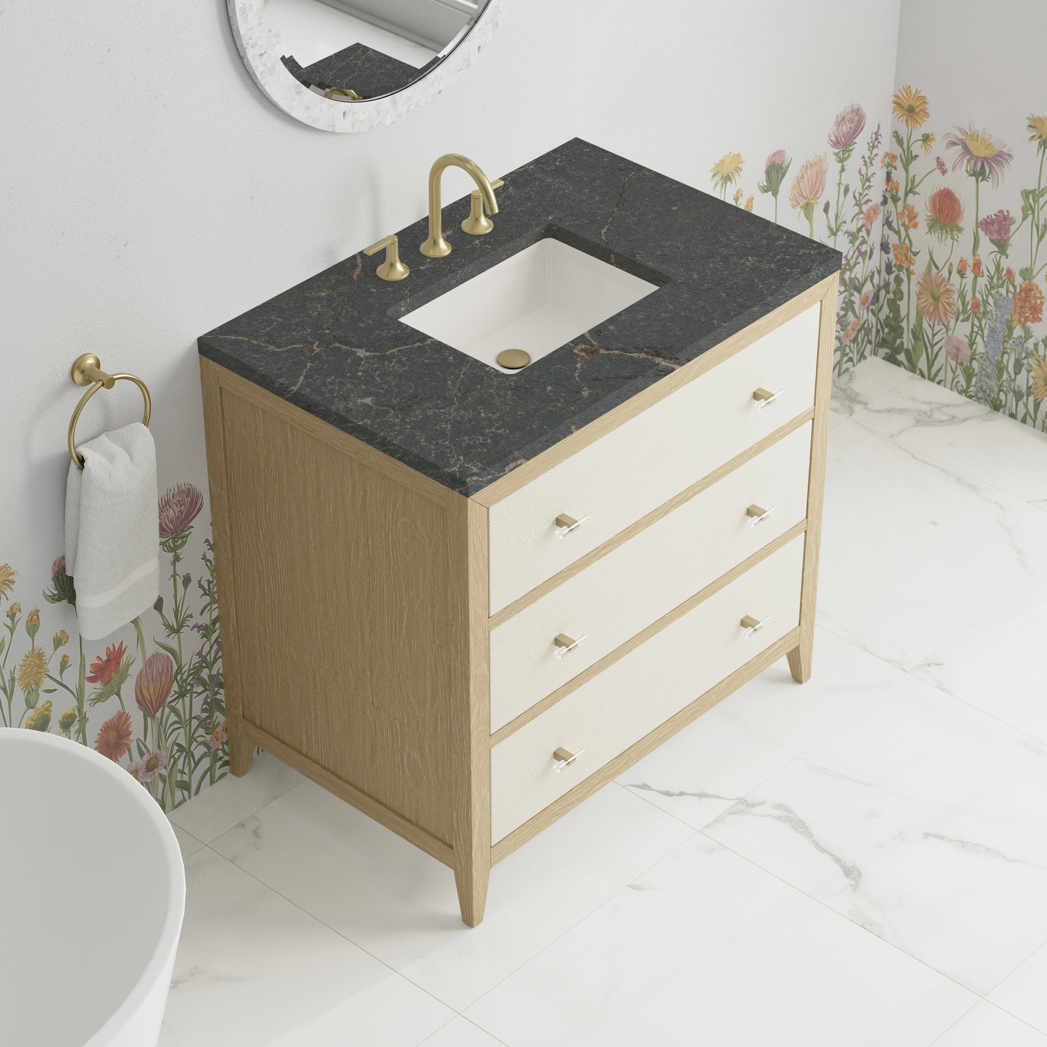 James Martin Celeste 36" Single Bathroom Vanity, Sunwashed Oak with Embossed Shagreen Drawer Fronts with Parisien Bleu countertop