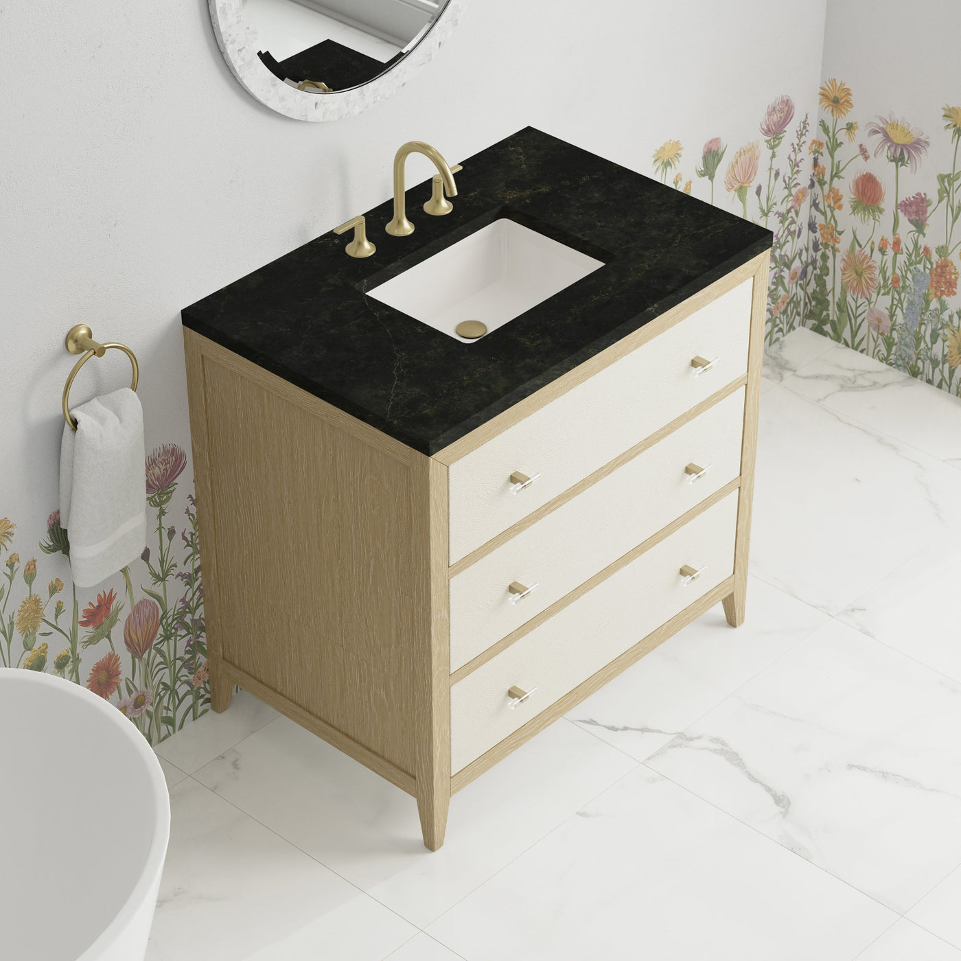 James Martin Celeste 36" Single Bathroom Vanity, Sunwashed Oak with Embossed Shagreen Drawer Fronts with Phantome countertop