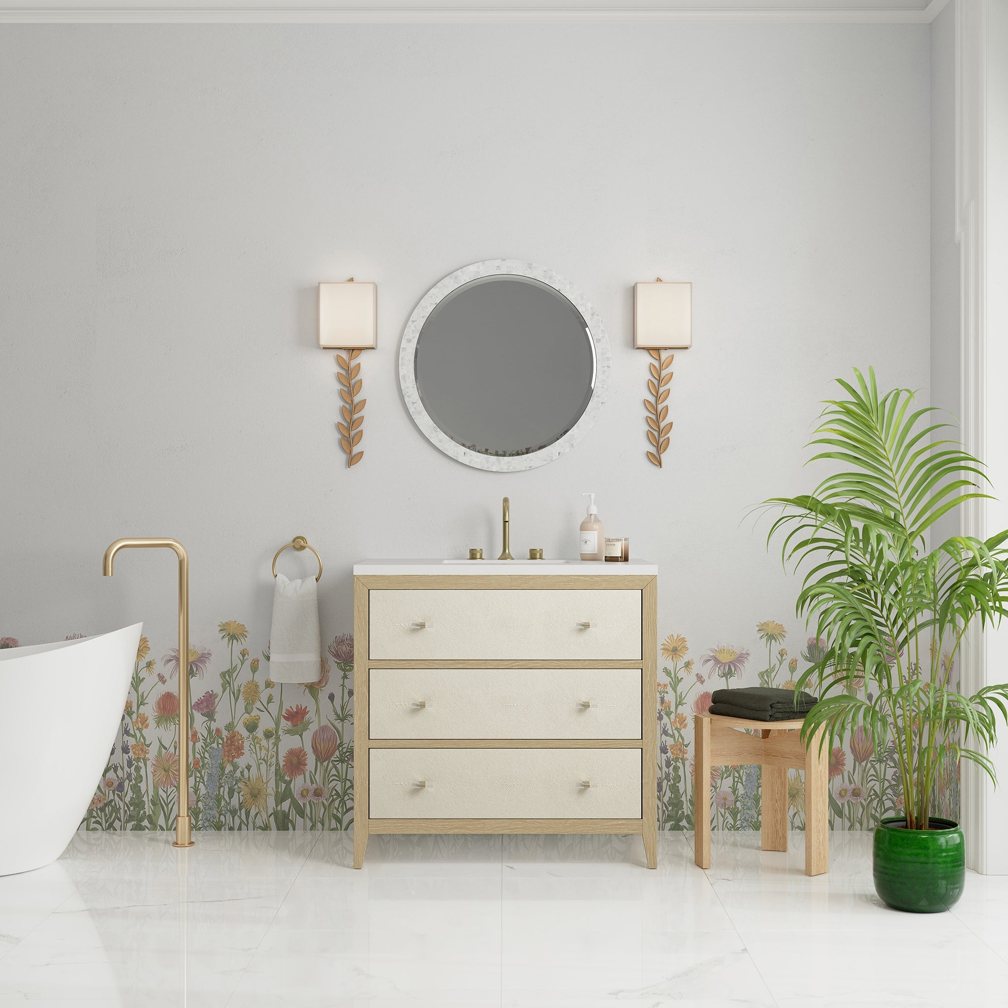 James Martin Celeste 36" Single Bathroom Vanity, Sunwashed Oak with Embossed Shagreen Drawer Fronts, cabinet without a countertop