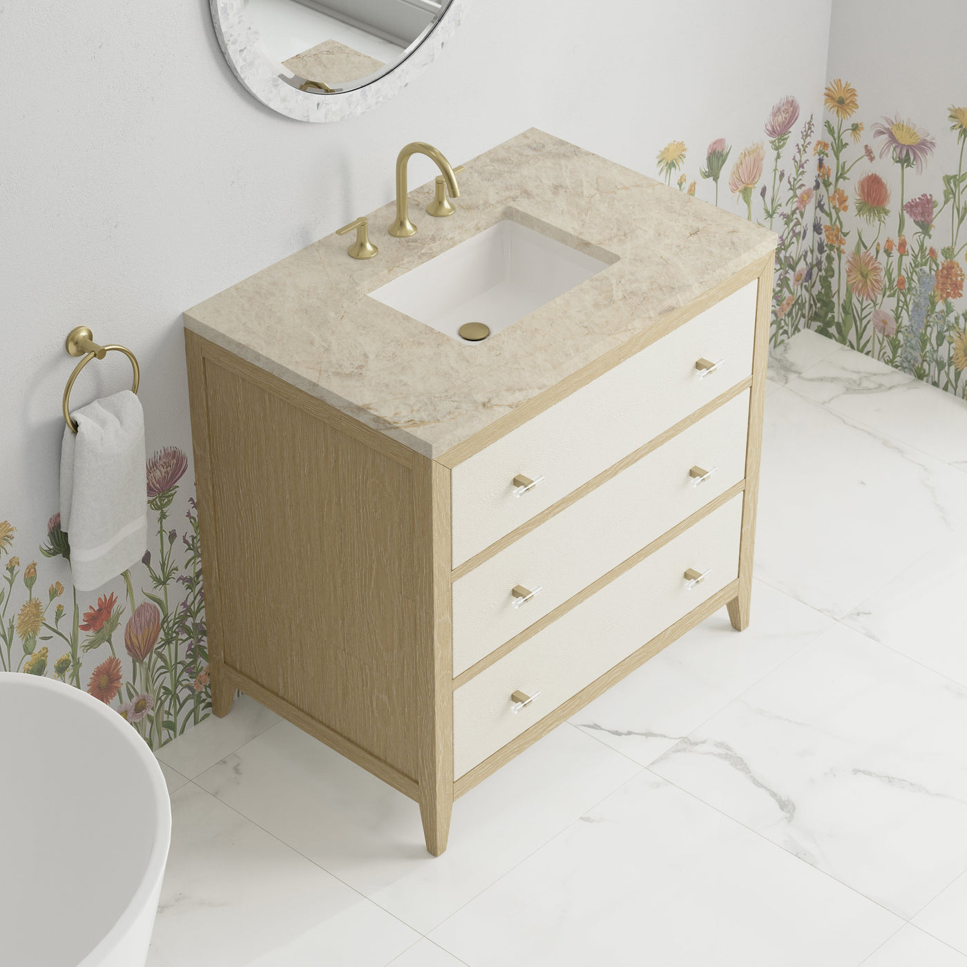 James Martin Celeste 36" Single Bathroom Vanity, Sunwashed Oak with Embossed Shagreen Drawer Fronts with Tajnar countertop