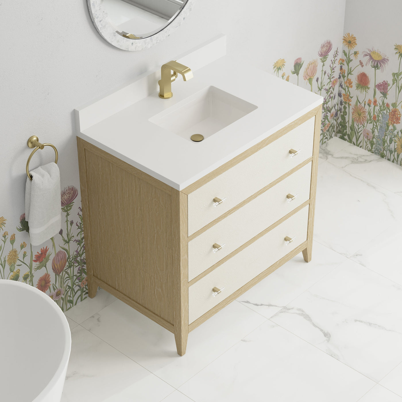 James Martin Celeste 36" Single Bathroom Vanity, Sunwashed Oak with Embossed Shagreen Drawer Fronts with White Zeus (Single Hole, with Backsplash) countertop