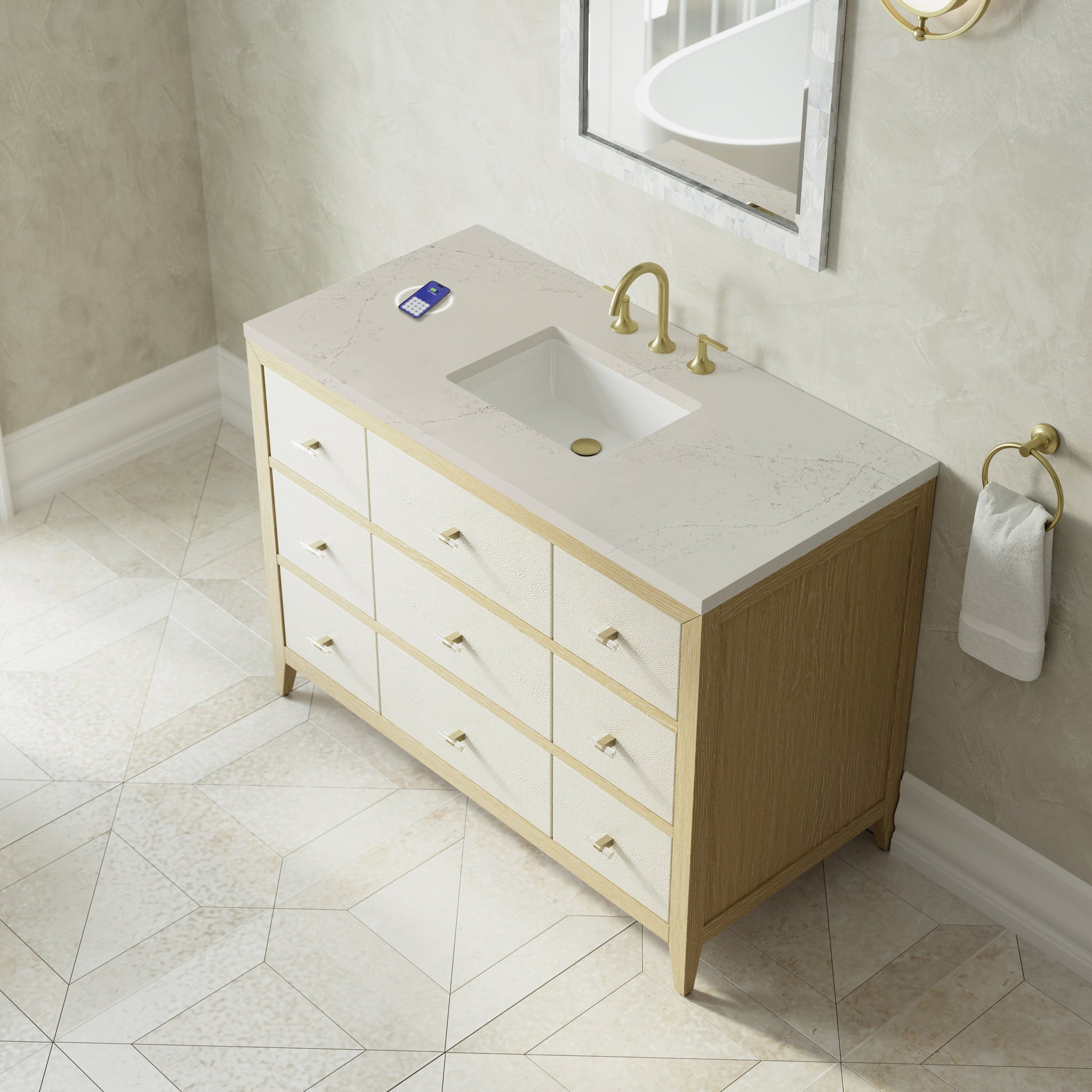 James Martin Celeste 48" Single Bathroom Vanity, Sunwashed Oak with Embossed Shagreen Drawer Fronts with Siberian (FreePower) countertop
