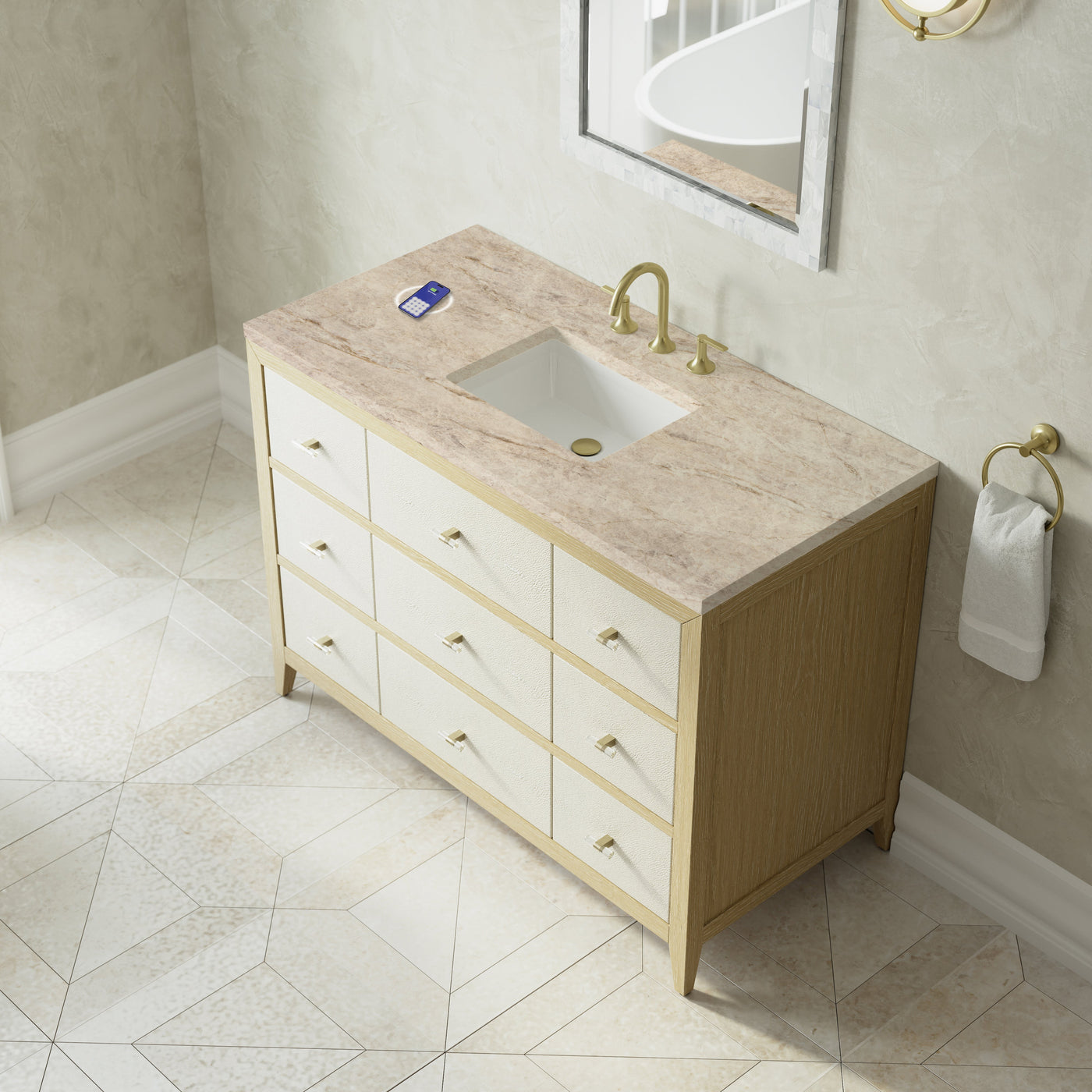 James Martin Celeste 48" Single Bathroom Vanity, Sunwashed Oak with Embossed Shagreen Drawer Fronts with Tajnar (FreePower) countertop
