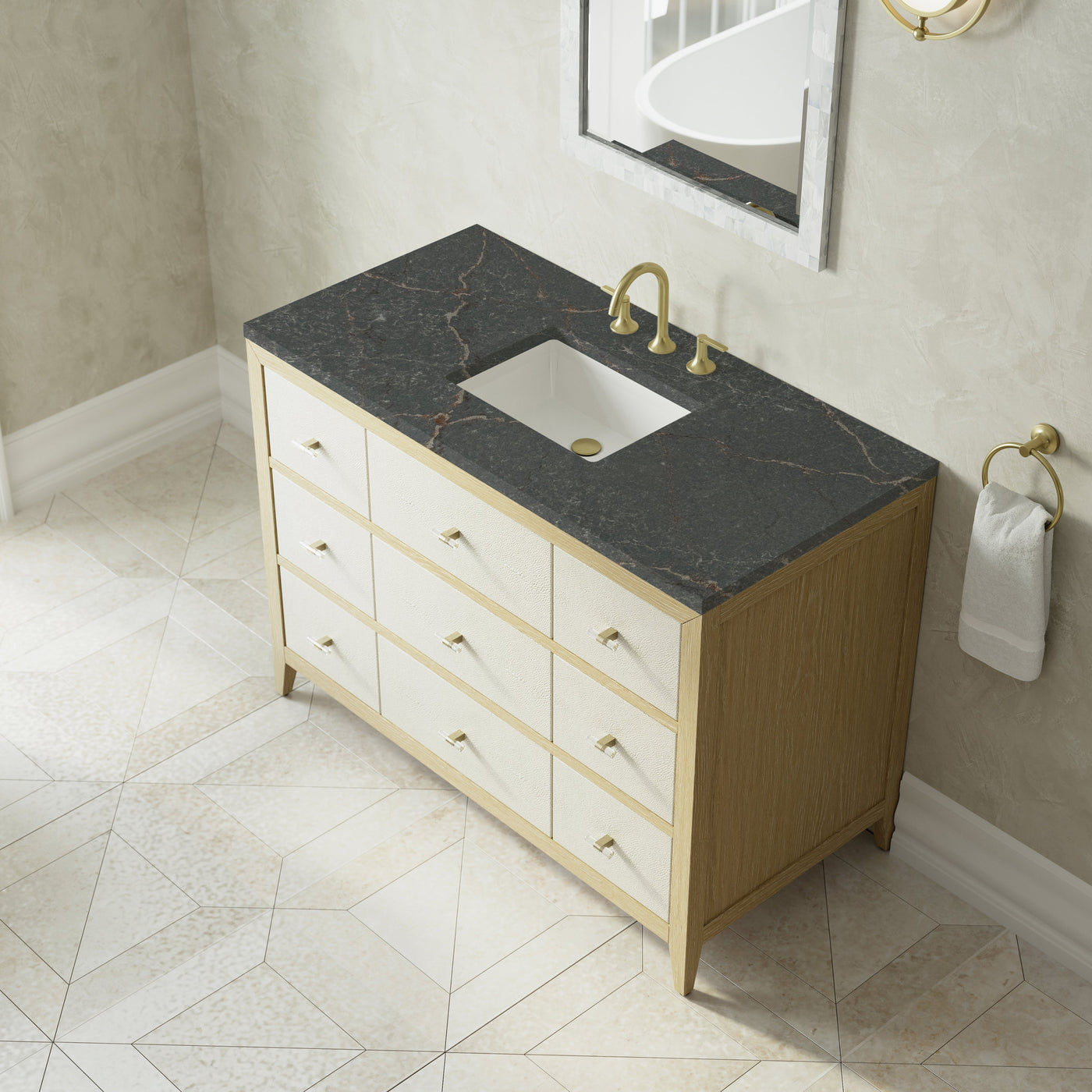 James Martin Celeste 48" Single Bathroom Vanity, Sunwashed Oak with Embossed Shagreen Drawer Fronts with Parisien Bleu countertop
