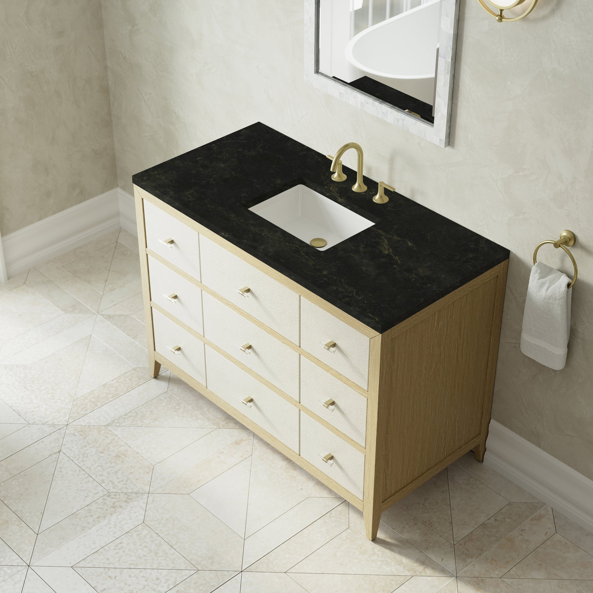 James Martin Celeste 48" Single Bathroom Vanity, Sunwashed Oak with Embossed Shagreen Drawer Fronts with Phantome countertop