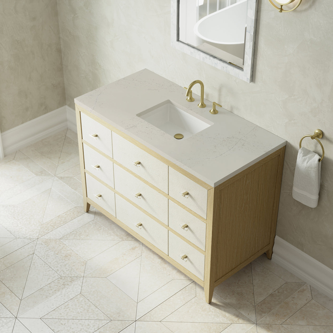 James Martin Celeste 48" Single Bathroom Vanity, Sunwashed Oak with Embossed Shagreen Drawer Fronts with Siberian countertop