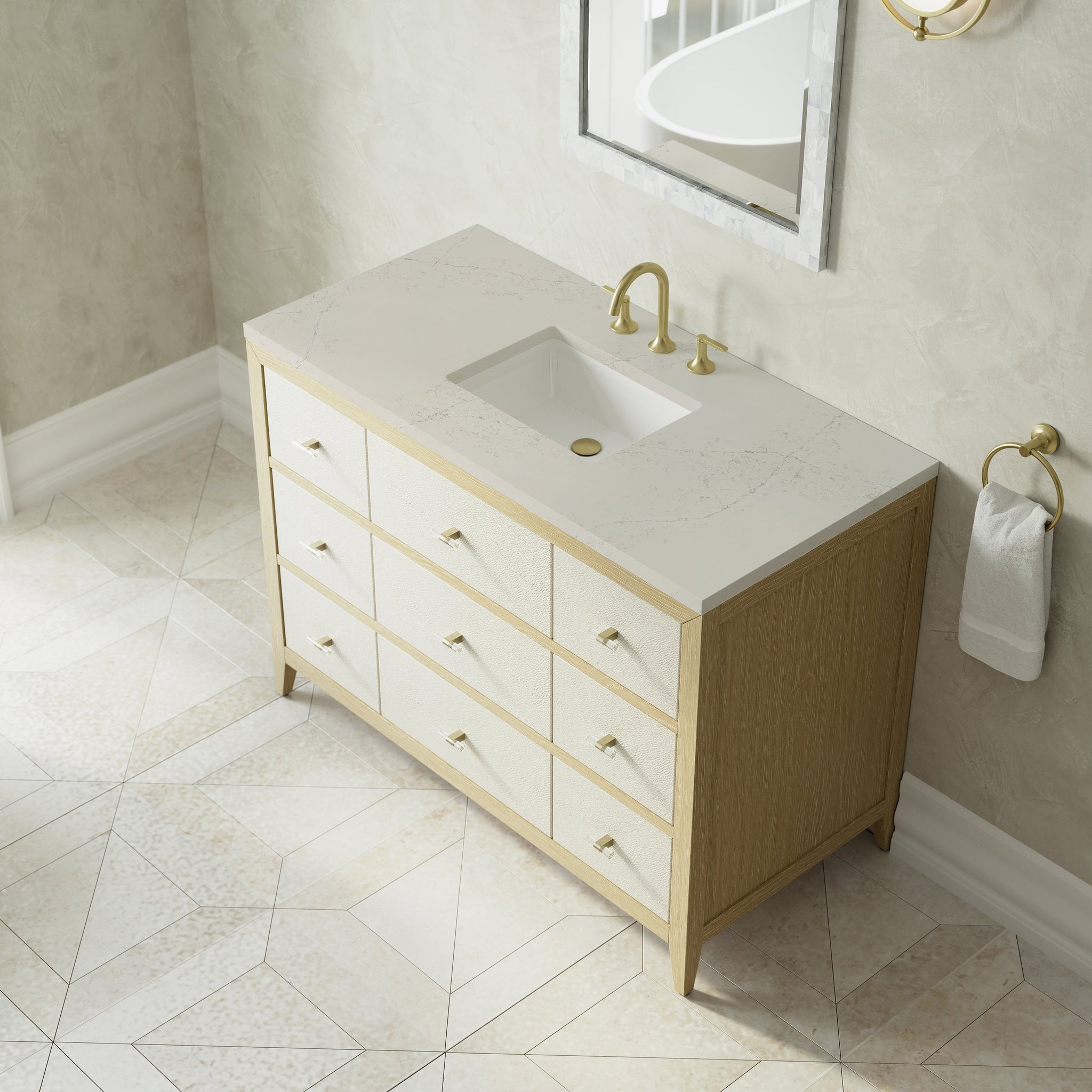 James Martin Celeste 48" Single Bathroom Vanity, Sunwashed Oak with Embossed Shagreen Drawer Fronts with Siberian countertop