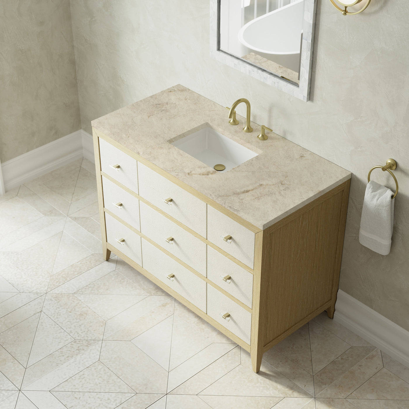 James Martin Celeste 48" Single Bathroom Vanity, Sunwashed Oak with Embossed Shagreen Drawer Fronts with Tajnar countertop