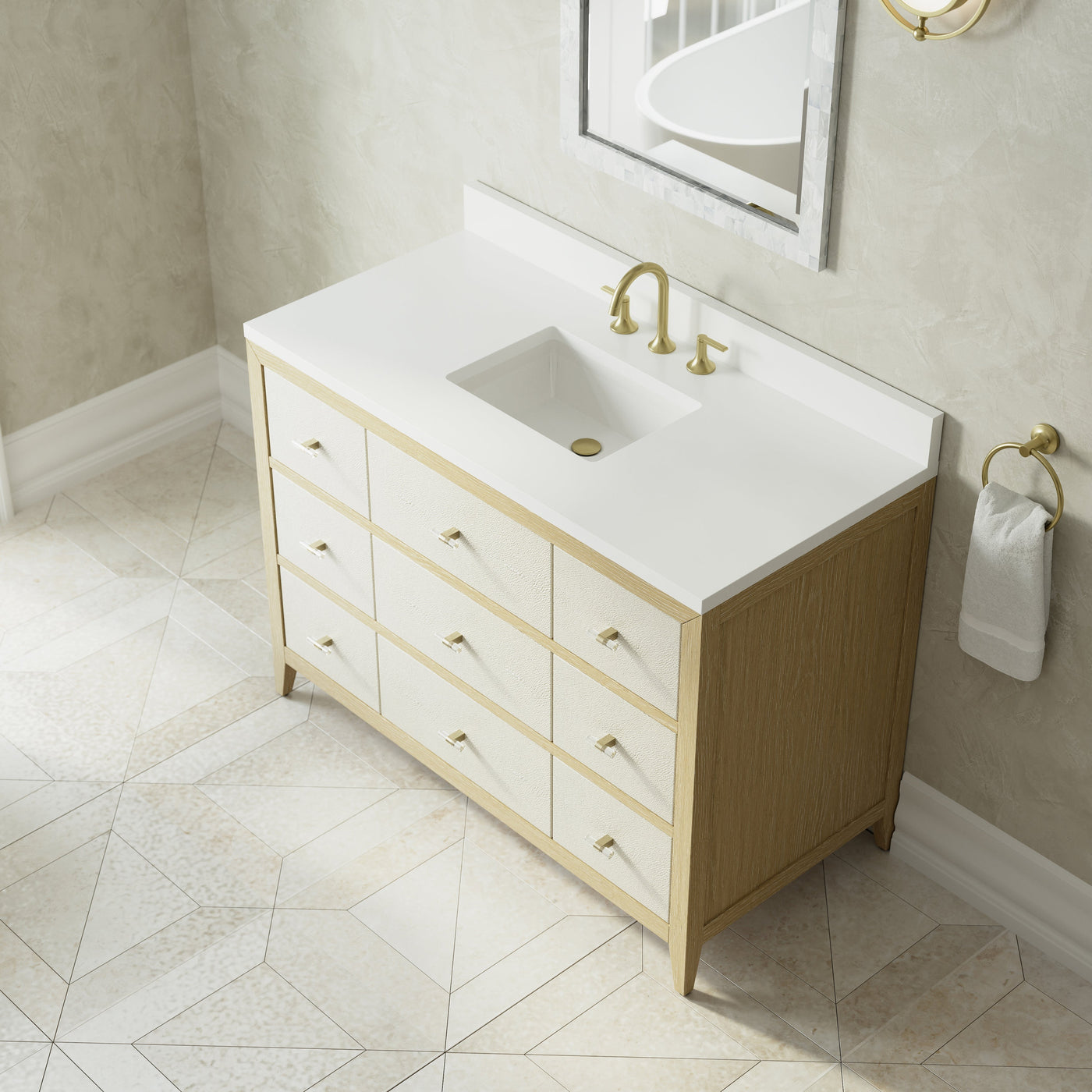 James Martin Celeste 48" Single Bathroom Vanity, Sunwashed Oak with Embossed Shagreen Drawer Fronts with White Zeus (Single Hole, with Backsplash) countertop