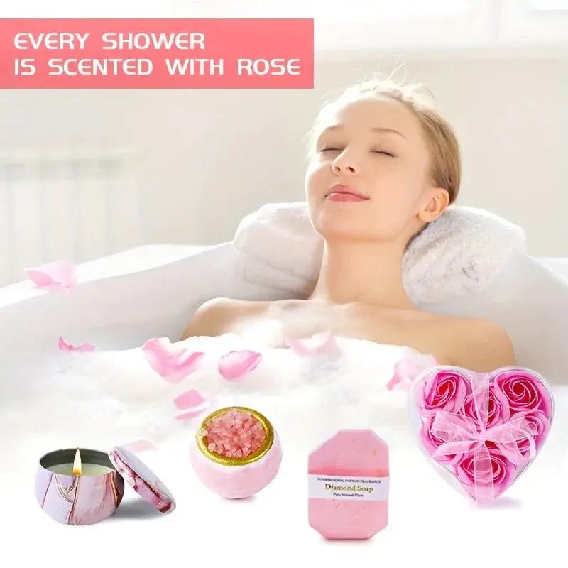 Ceramic Bath Gift Set with Rose Scented Candles and Essential Oils by House Of Avana