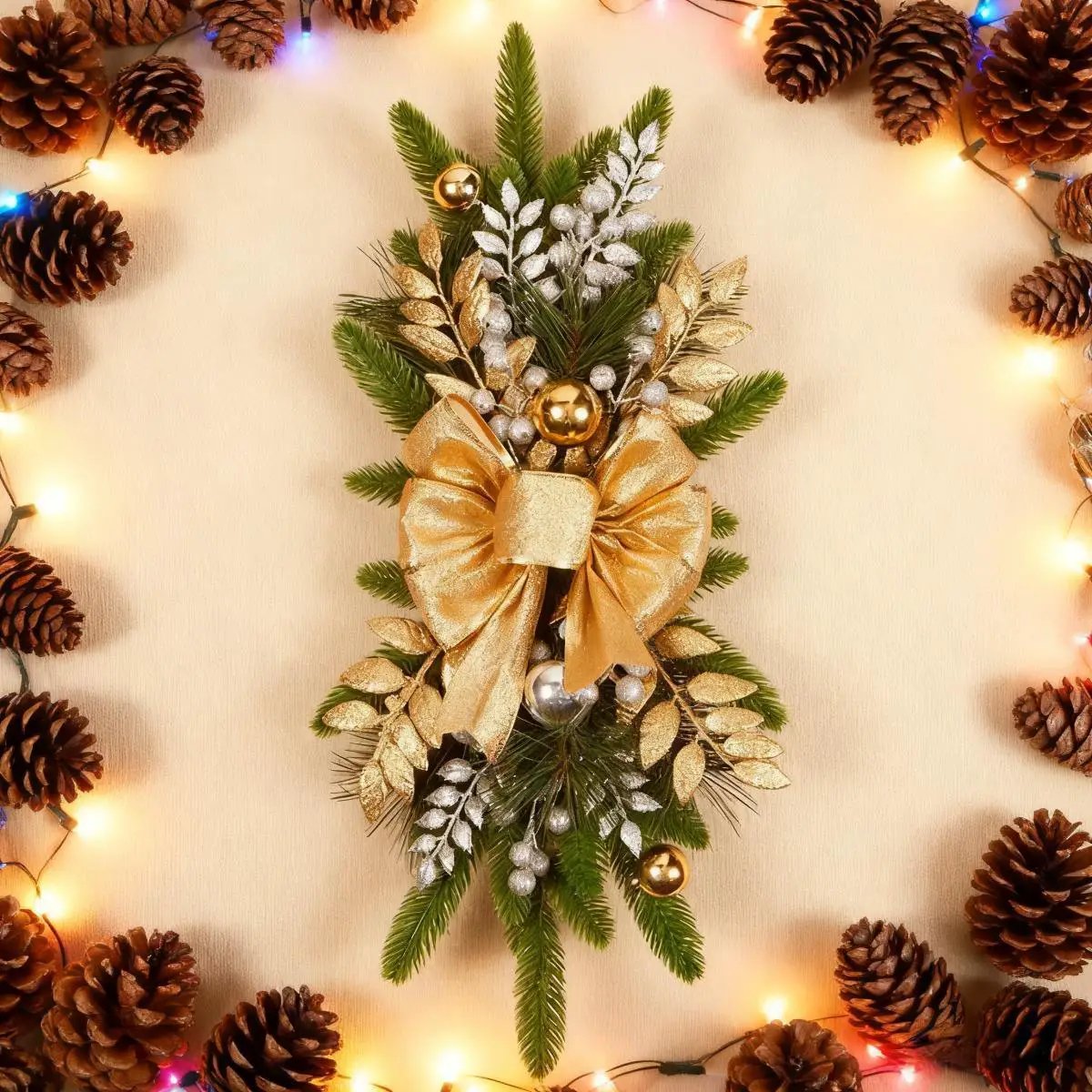 Ceramic Bow Christmas Ornament, Red, with Pinecones and Hanging Loop by House Of Avana