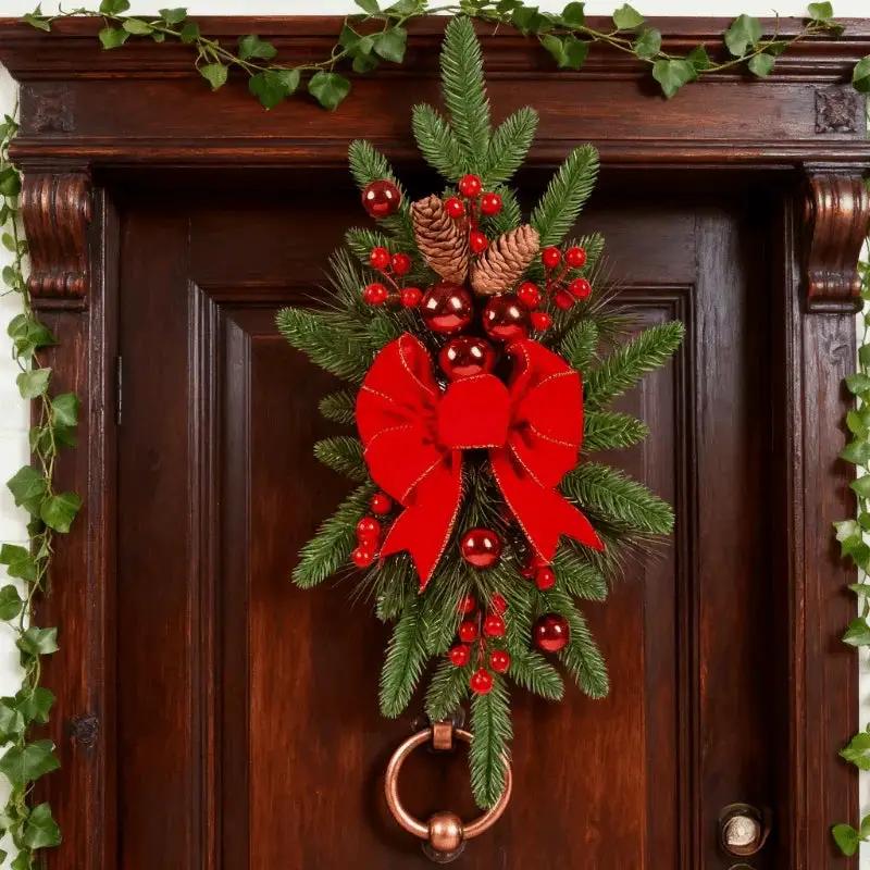 Ceramic Bow Christmas Ornament, Red, with Pinecones and Hanging Loop by House Of Avana