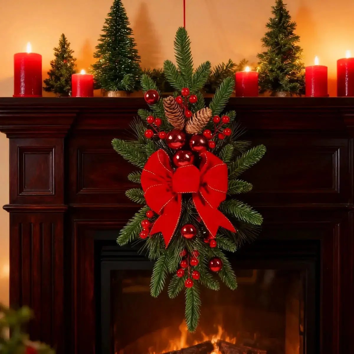 Ceramic Bow Christmas Ornament, Red, with Pinecones and Hanging Loop by House Of Avana