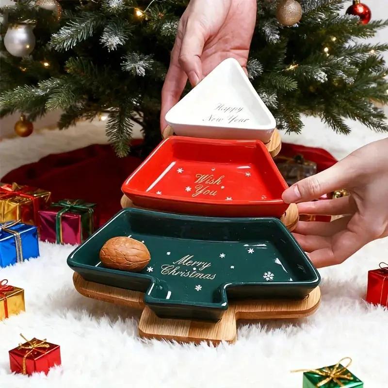 Ceramic Christmas Tree Snack Plates with Detachable Stand by House Of Avana