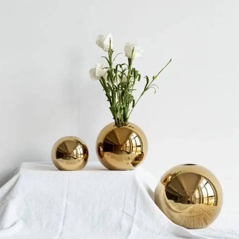 Ceramic Golden Ball Vase with Unique Rounded Design by House Of Avana