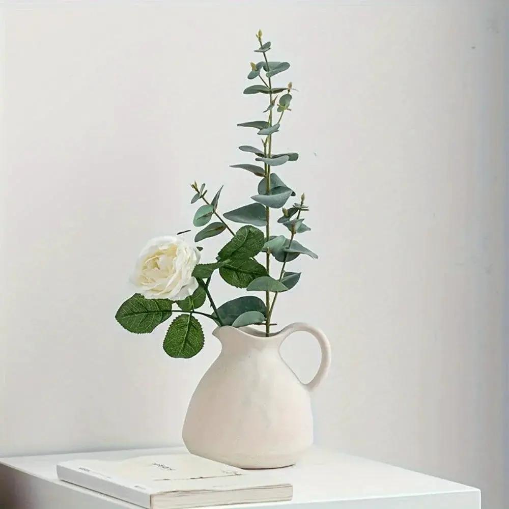 Ceramic Kettle Vase, Rustic White Cylinder Pottery with Handle by House Of Avana