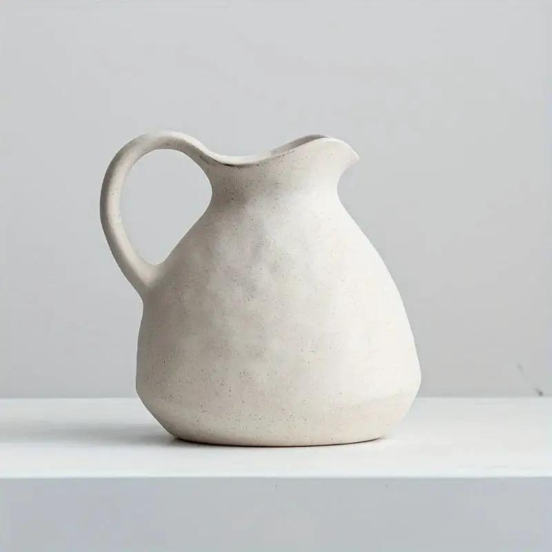 Ceramic Kettle Vase, Rustic White Cylinder Pottery with Handle by House Of Avana
