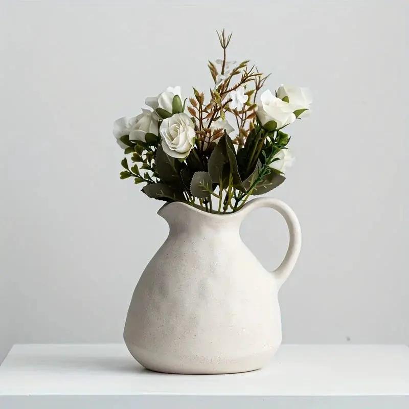 Ceramic Kettle Vase, Rustic White Cylinder Pottery with Handle by House Of Avana