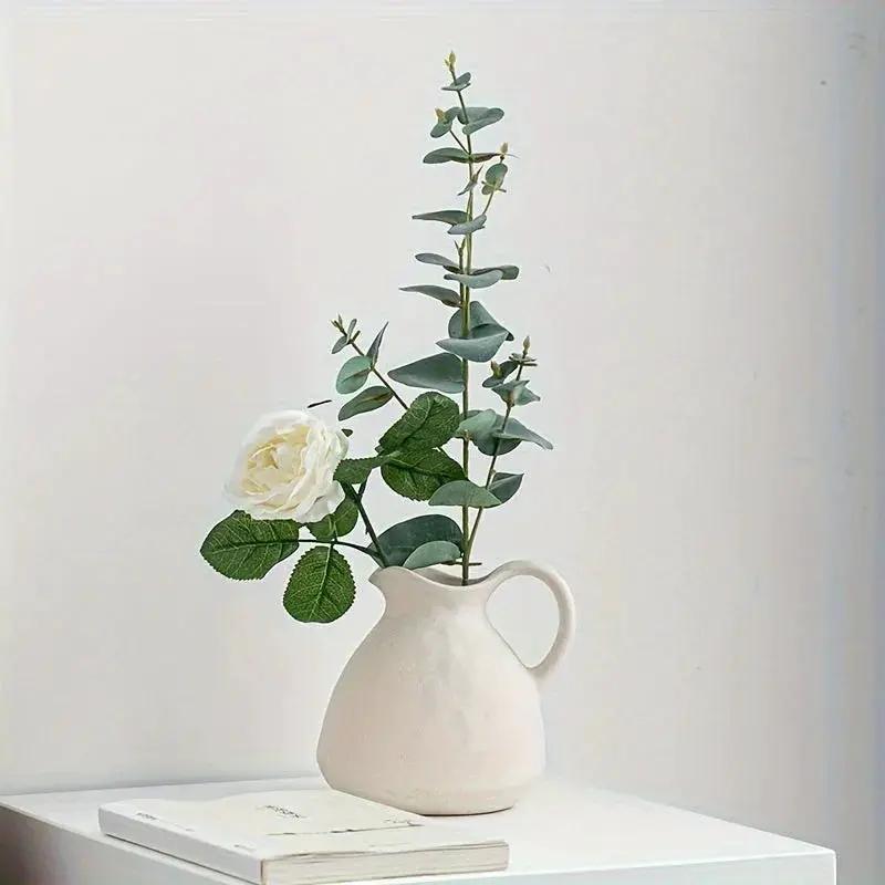 Ceramic Kettle Vase, Rustic White Cylinder Pottery with Handle by House Of Avana
