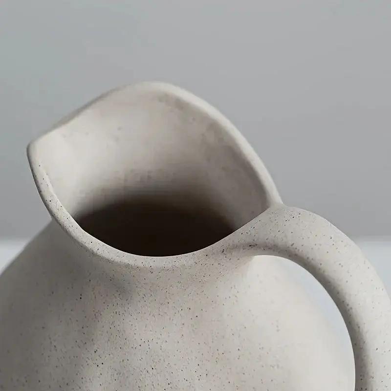 Ceramic Kettle Vase, Rustic White Cylinder Pottery with Handle by House Of Avana