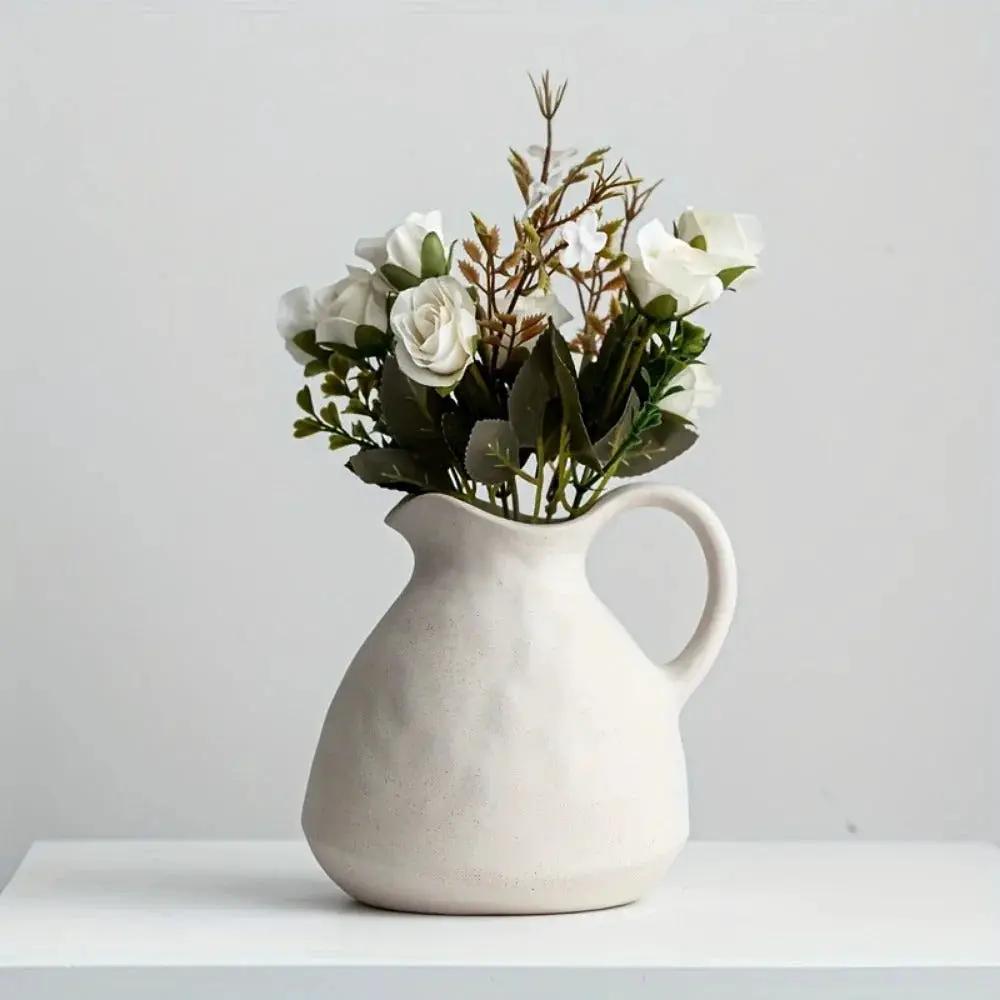 Ceramic Kettle Vase, Rustic White Cylinder Pottery with Handle by House Of Avana