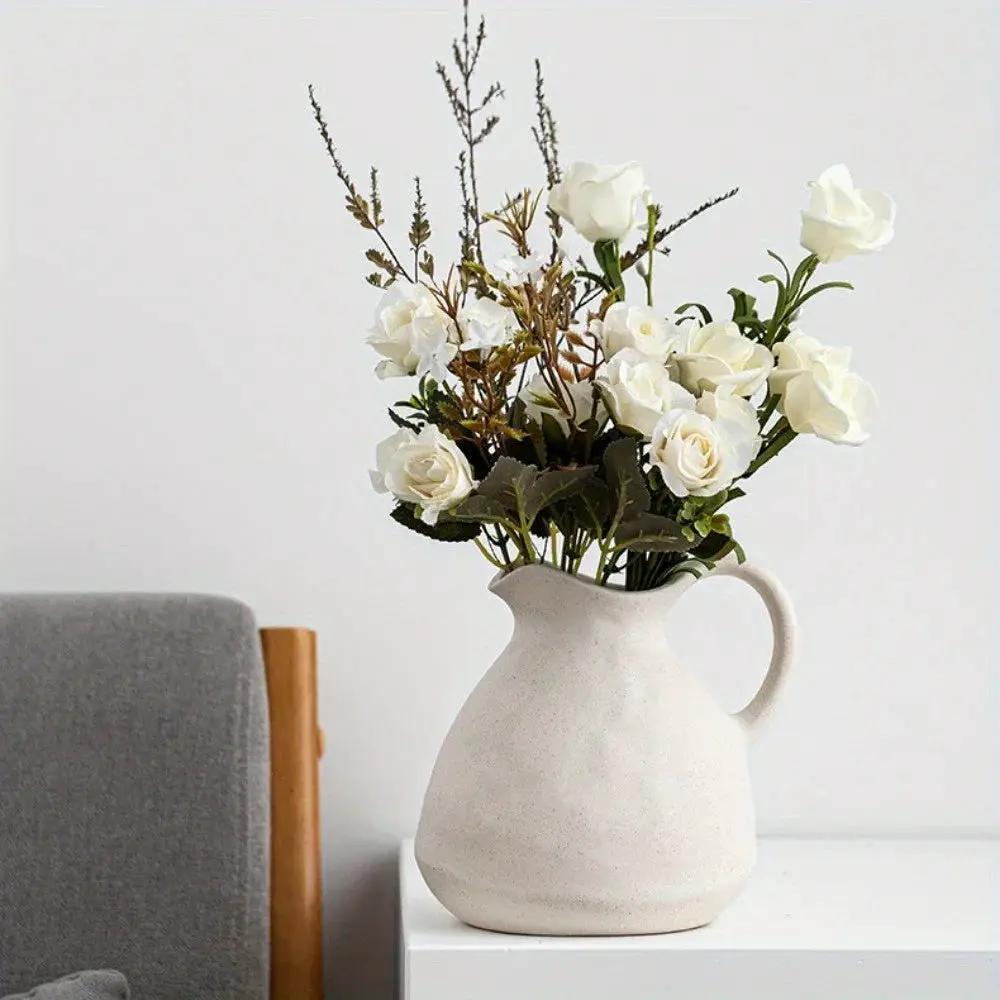 Ceramic Kettle Vase, Rustic White Cylinder Pottery with Handle by House Of Avana