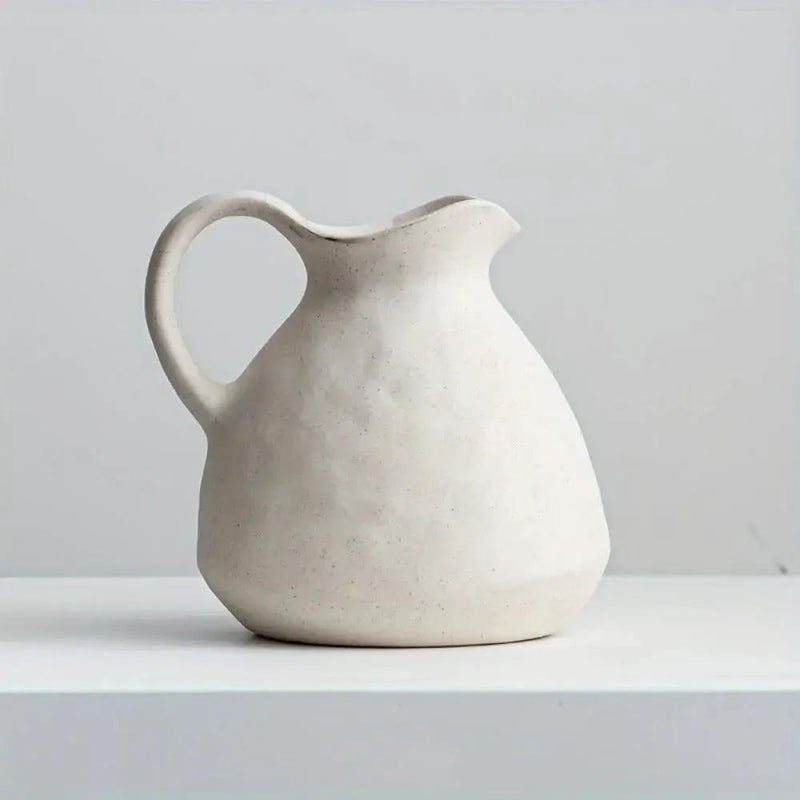 Ceramic Kettle Vase, Rustic White Cylinder Pottery with Handle by House Of Avana