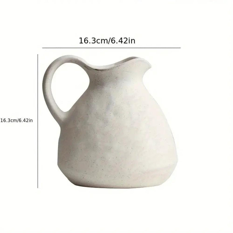 Ceramic Kettle Vase, Rustic White Cylinder Pottery with Handle by House Of Avana