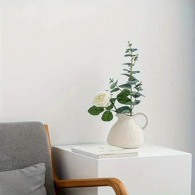 Ceramic Kettle Vase, Rustic White Cylinder Pottery with Handle by House Of Avana