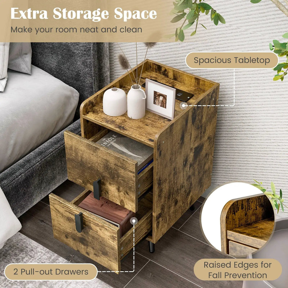 Nightstand Side Tables with 2 Drawers and 2 USB Ports, photo 8 of 10