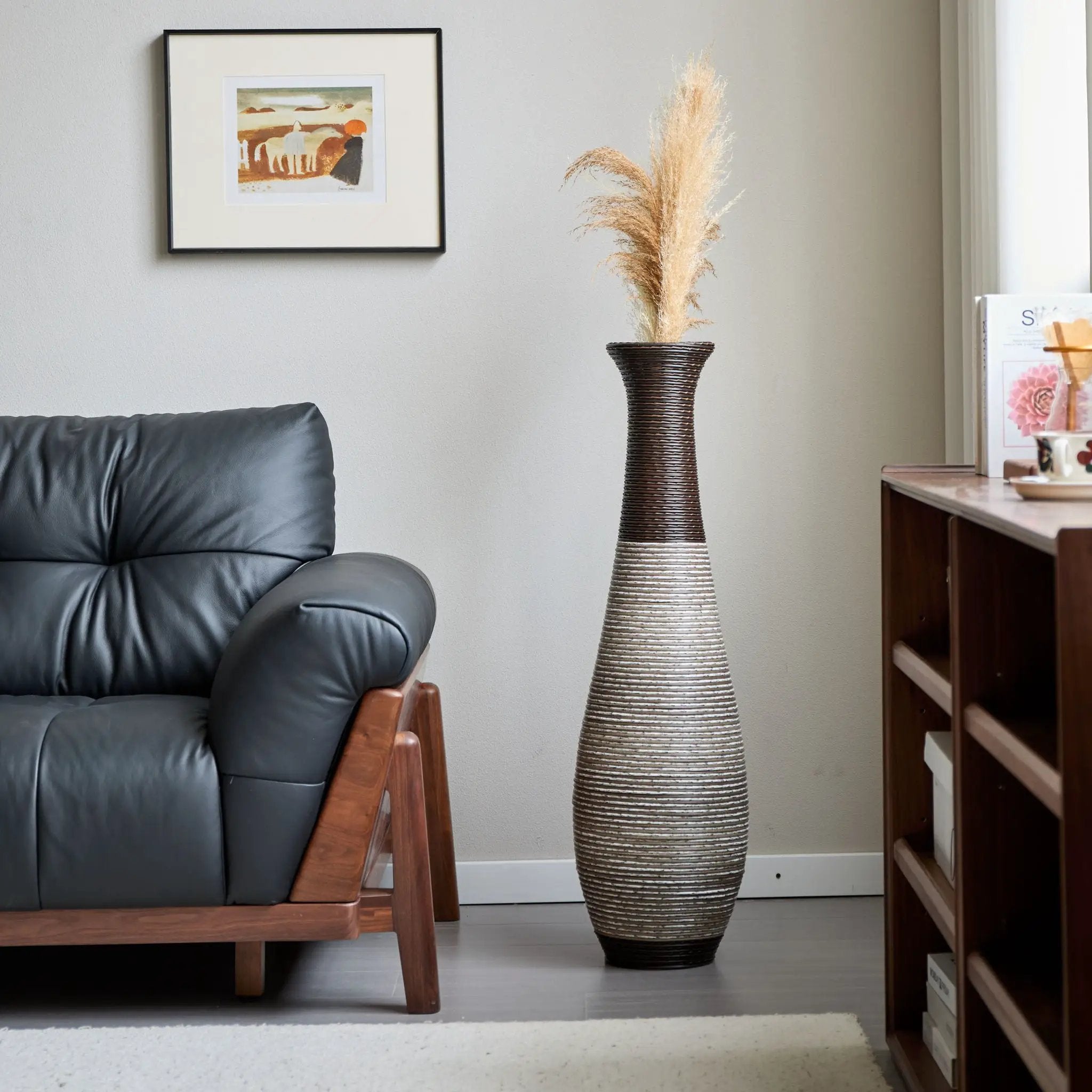Tall Standing Designer Floor Vase Durable Artificial Rattan Elegant 2 Tone Finish Ideal Decor Accent For Living Room, Bedroom, Entryway Stylish Home Decor Statement Piece - Black / Gray by Unique Piece Furniture