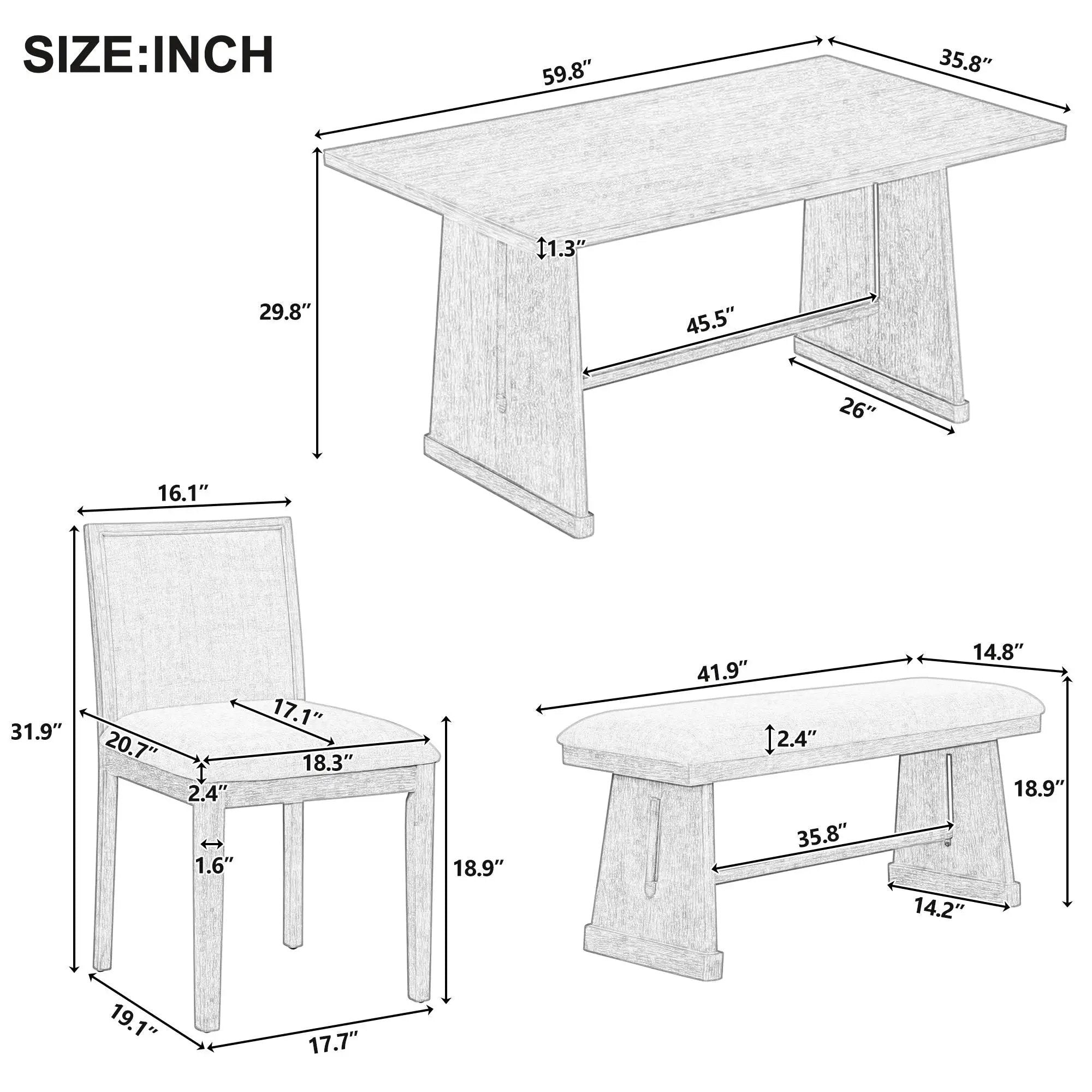 Dining Set With Rectangular Table, 4 Upholstered Chairs & 1 Padded Bench by Unique Piece Furniture