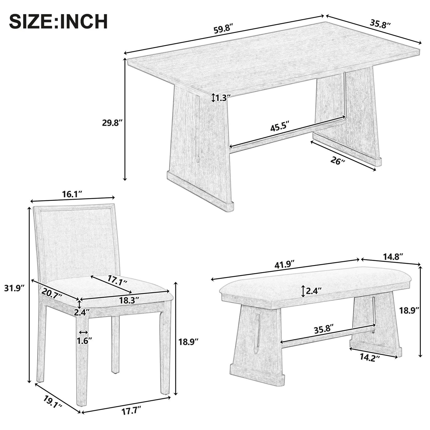 Dining Set With Rectangular Table, 4 Upholstered Chairs & 1 Padded Bench by HouseOfZazla