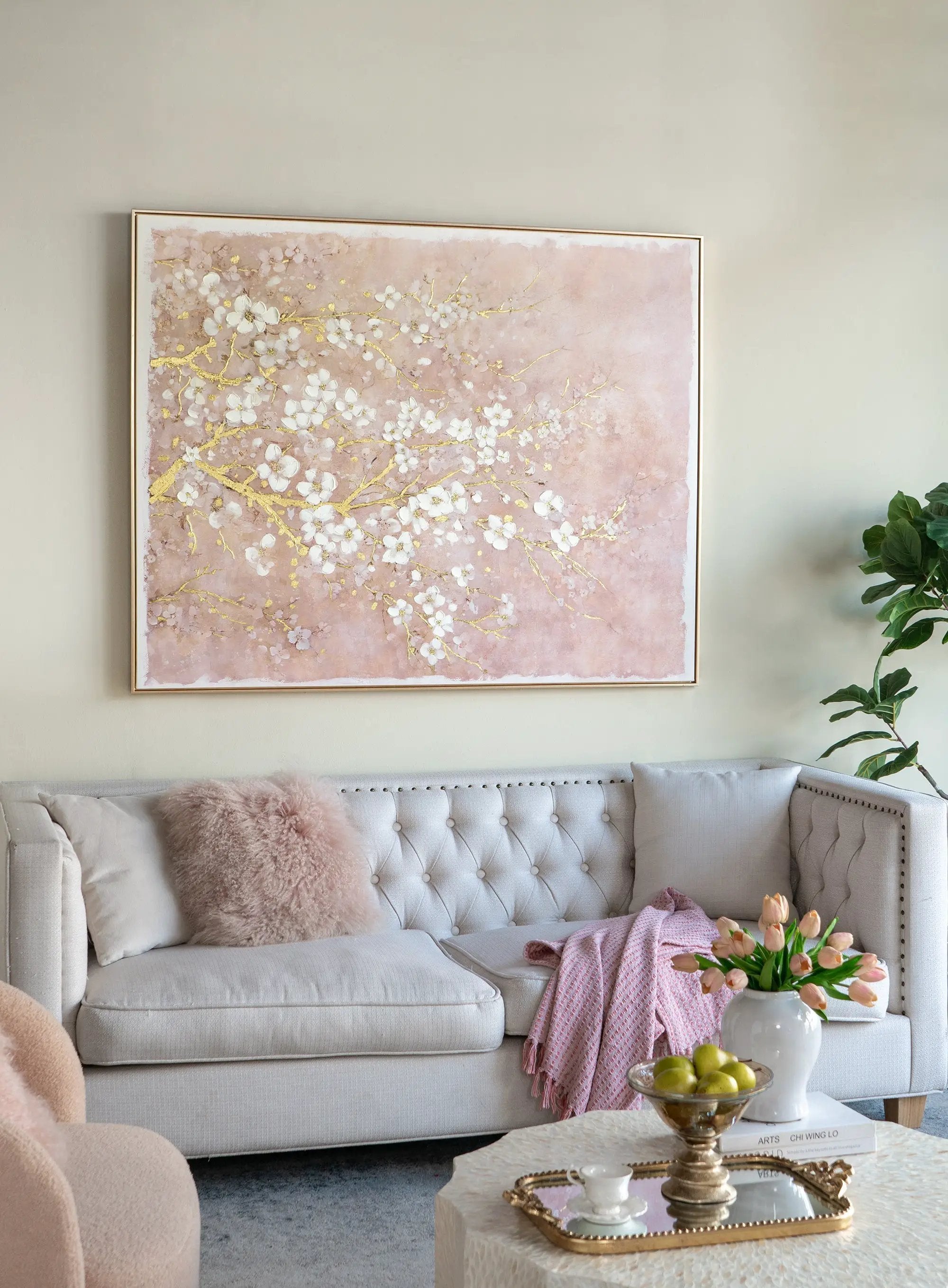 59.1x47.2 Hand-Painted Cherry Blossom Canvas Art with Blush Pink and White Finish by HouseOfZazla