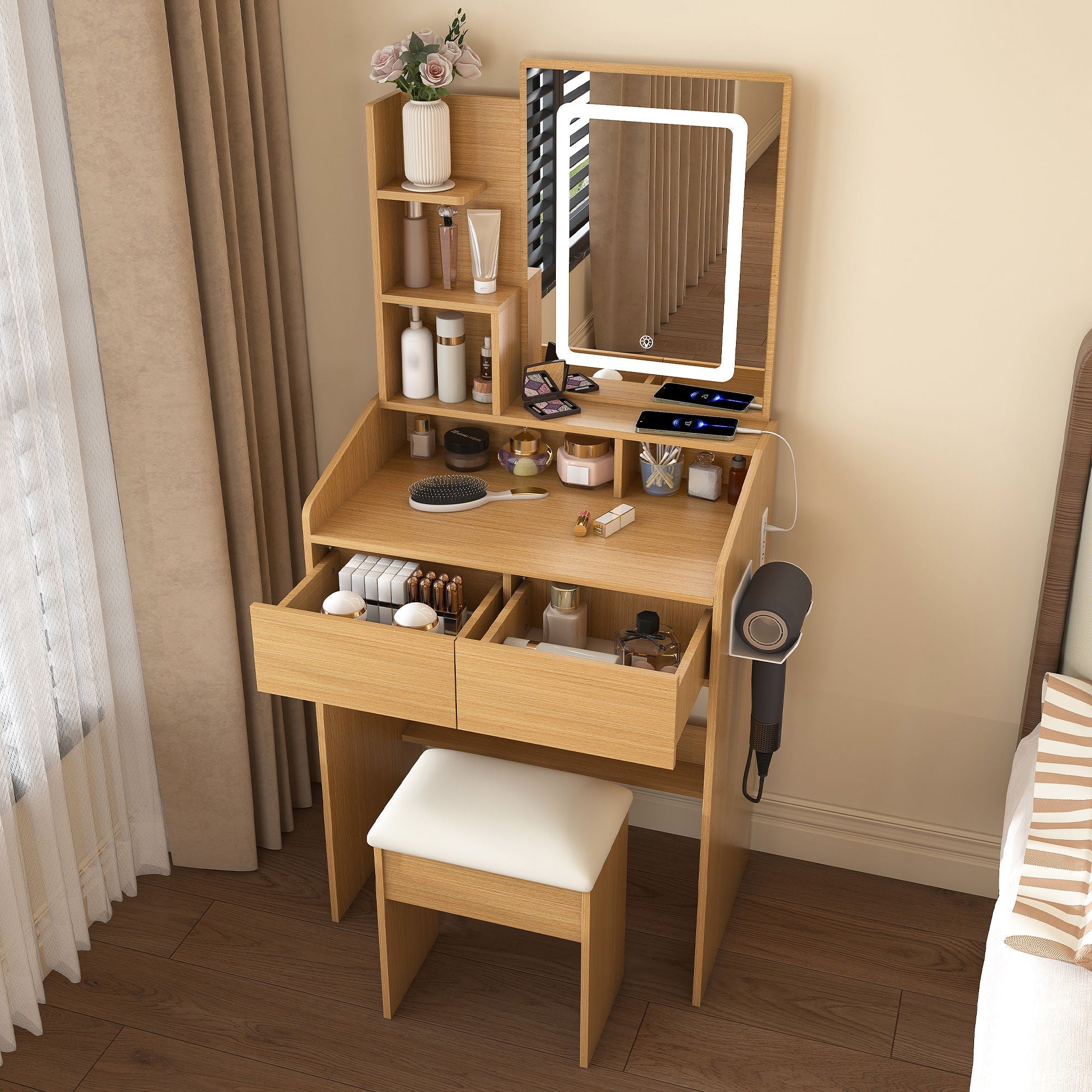 Vanity Table With LED Mirror, Power Outlet, Hairdryer Holder & Padded Stool, Compact Dressing Desk For Small Bedrooms - Wood by Unique Piece Furniture
