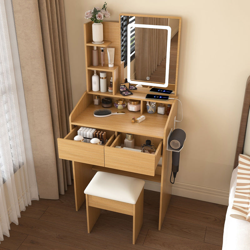 Vanity Table With LED Mirror, Power Outlet, Hairdryer Holder & Padded Stool, Compact Dressing Desk For Small Bedrooms - Wood by Unique Piece Furniture